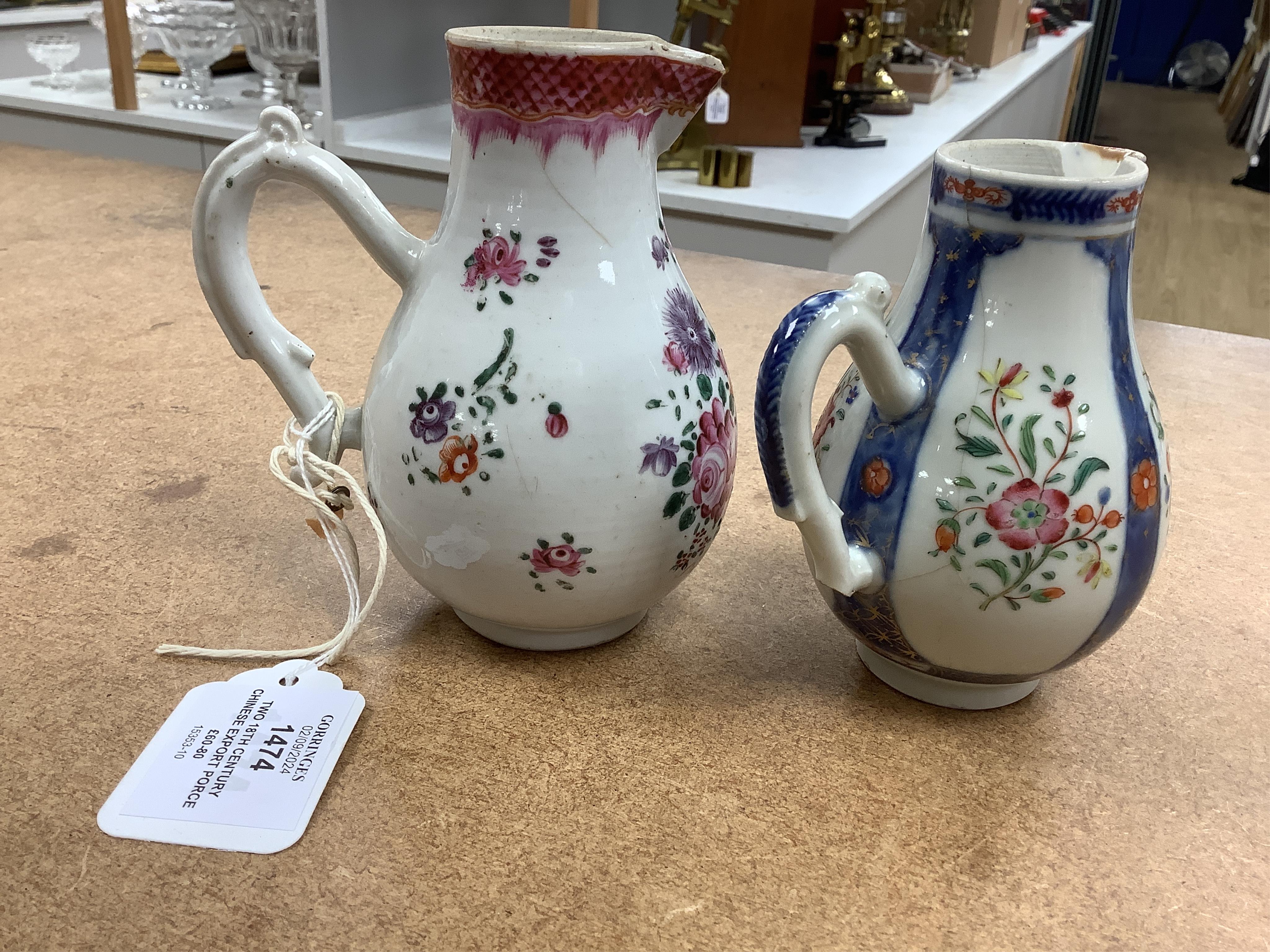 Two 18th century Chinese export porcelain jugs, a pair of famille rose plates made for the Thai market and a Japanese floral bowl, 24cm. Condition - varies